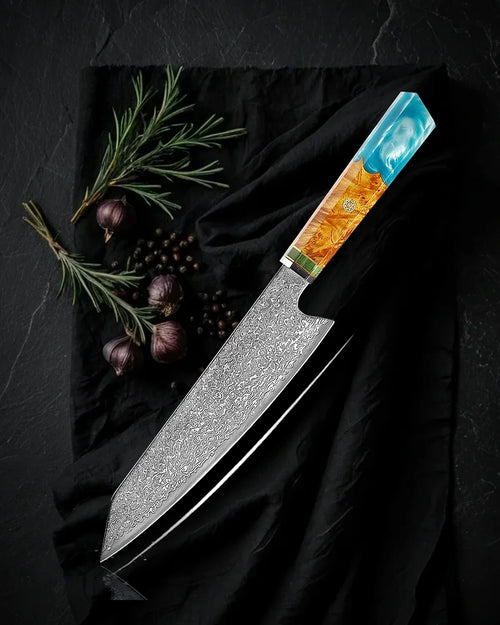 Bunka Kaen 18 cm, cuchillo multiusos de punta angular en acero damasco, vista de tarjeta