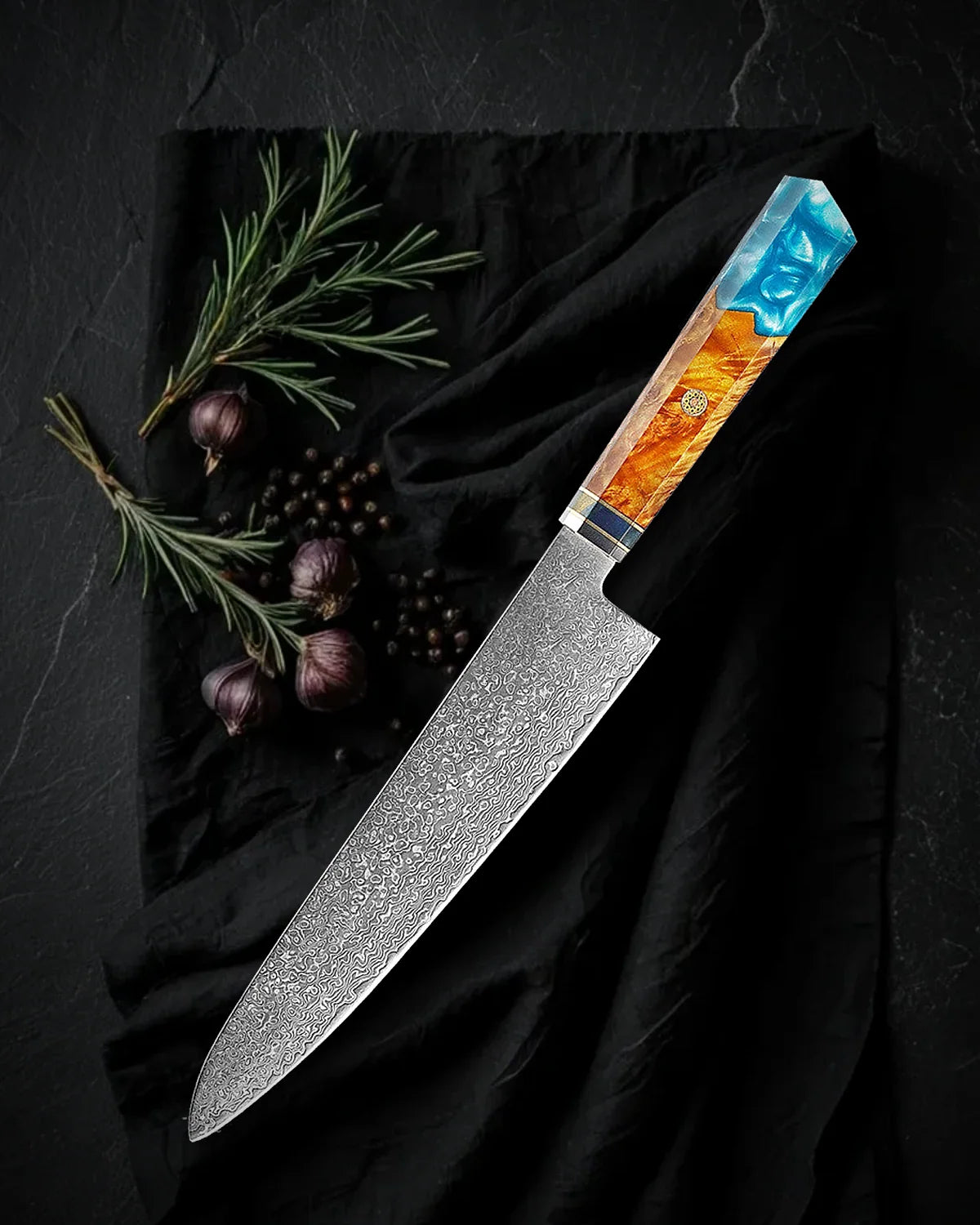 Gyuto Kaen 20 cm, cuchillo de chef de acero damasco, vista de tarjeta