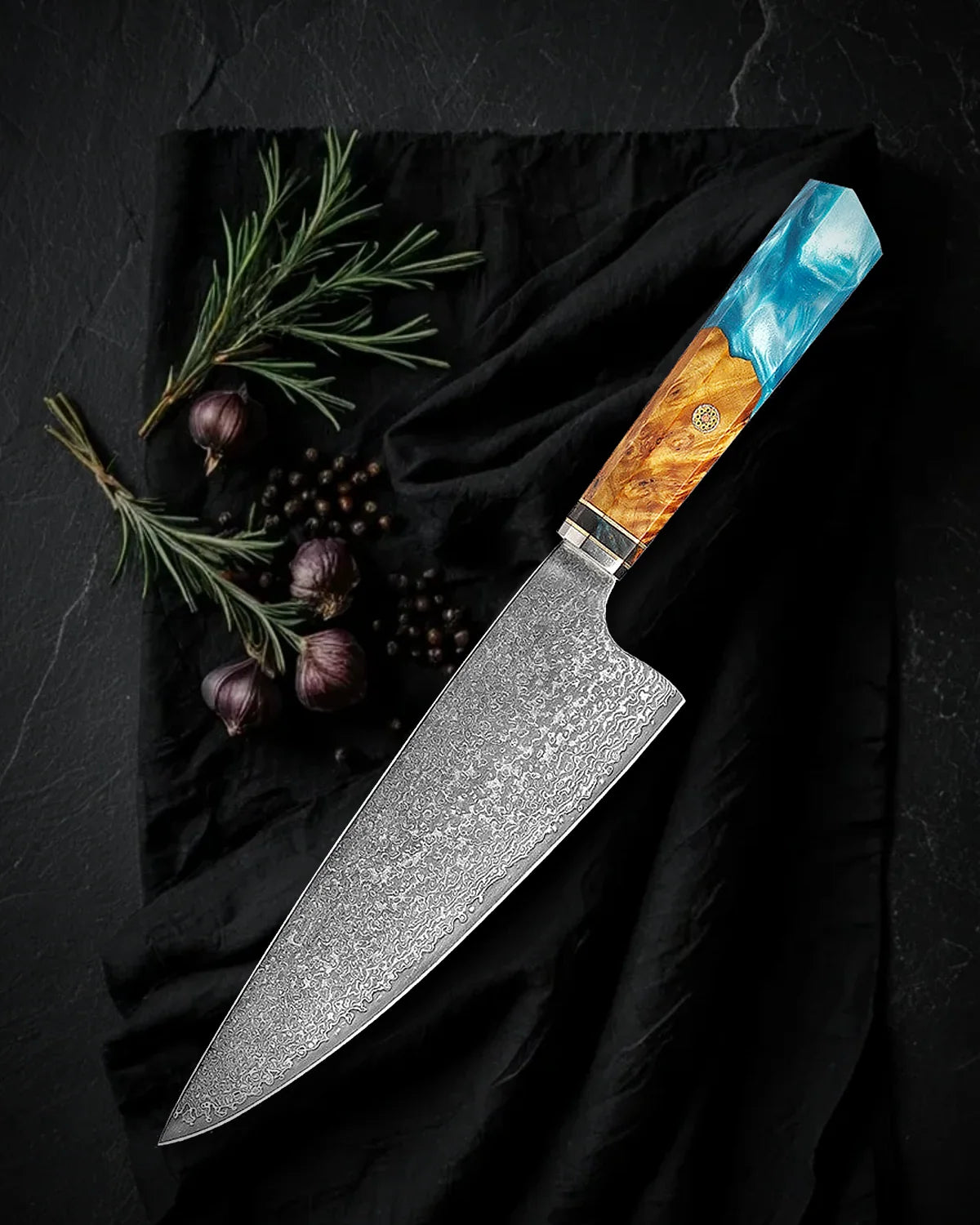 Kiritsuke Kaen 20 cm, cuchillo de chef de lomo recto en acero damasco, vista de tarjeta