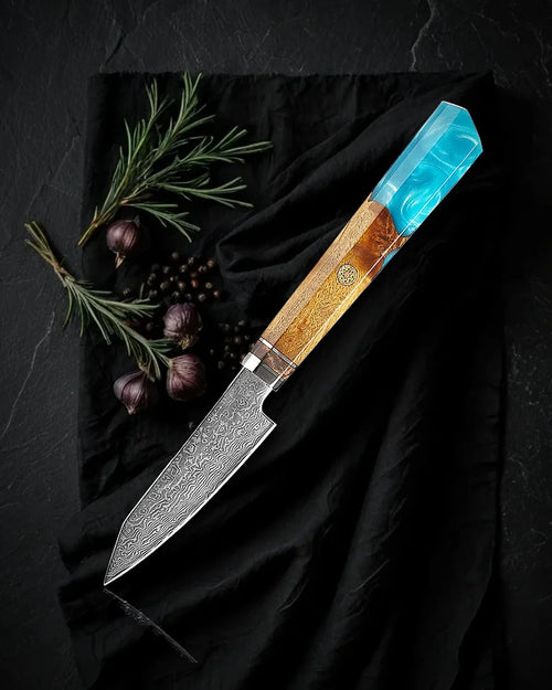 Nakiri Kaen 18 cm, cuchillo de verduras de acero damasco, vista de tarjeta