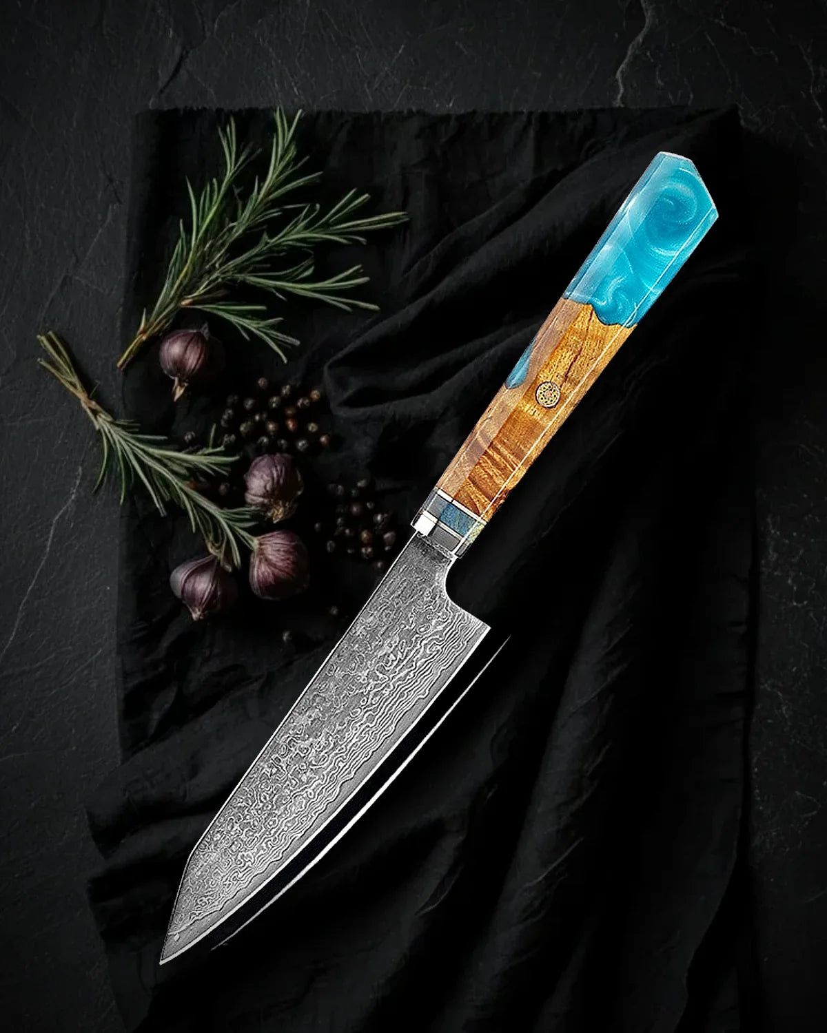 Petty Kaen 9 cm, cuchillo de precisión de acero damasco, vista de tarjeta