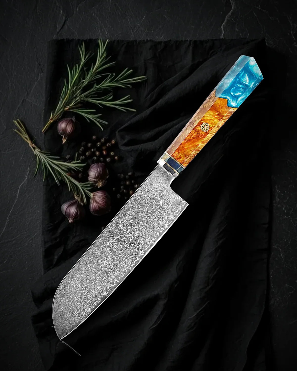 Santoku Kaen 18 cm, cuchillo multiusos de acero damasco, vista de tarjeta